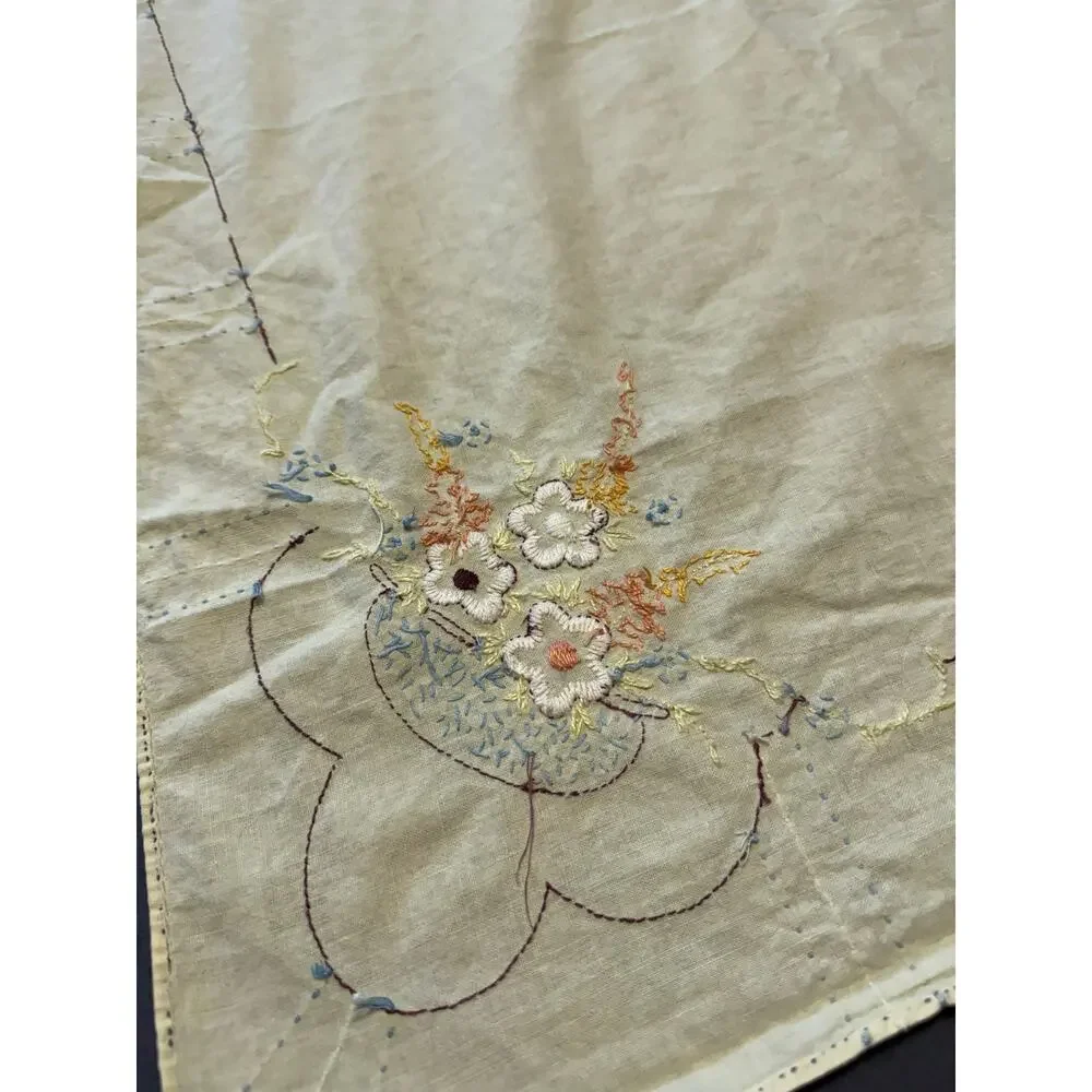 Vintage Handmade Yellow Floral Embroidered Tablecloth 2 Napkins Cottagecore Set